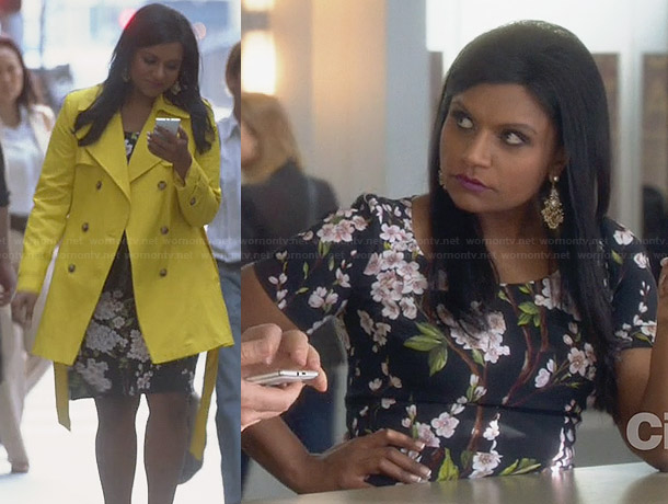 Mindy’s black floral dress and yellow coat on The Mindy Project
