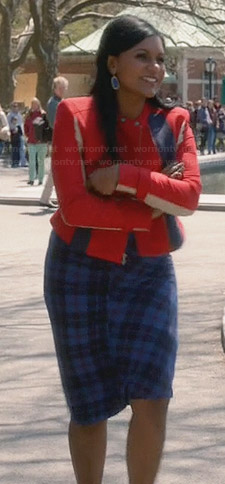 Mindy’s blue plaid dress and red jacket on The Mindy Project