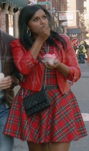 Mindy’s red plaid dress and red leather jacket on The Mindy Project