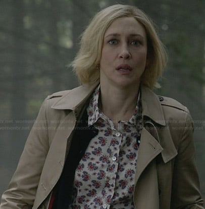 Norma’s printed shirt and trench coat on Bates Motel
