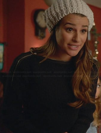 Rachel’s black ribbed sweater with zip neckline on Glee