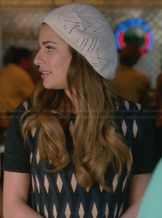 Rachel’s diamond patterned sweater and pointelle beret on Glee
