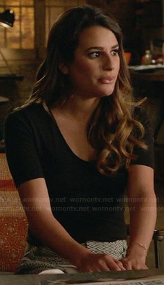 Rachel’s geometric print shorts and black top on Glee