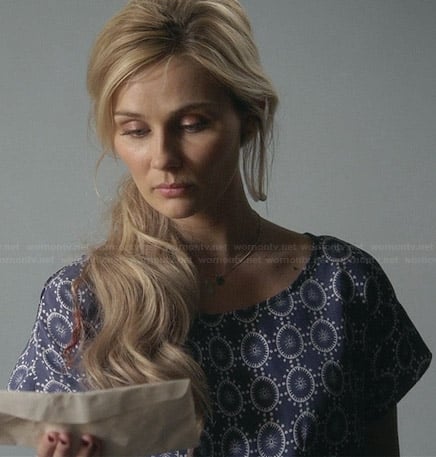 Scarlett’s blue circular print dress on Nashville