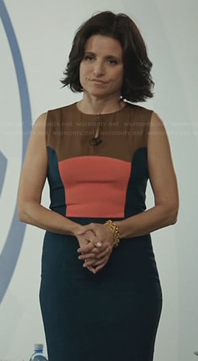 Selina’s green, orange, and brown colorblock dress on Veep
