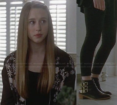 Zoe’s black floral and bird embroidered jacket on American Horror Story