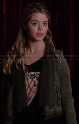 Ali’s green draped front jacket on Pretty Little Liars