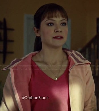 Alison’s pink hoodie with striped cuffs and hood on Orphan Black