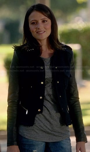 April’s blue jacket with leather sleeves on Chasing Life