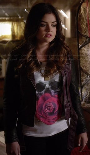 Aria’s skull and flower tee with purple leather jacket on Pretty Little Liars