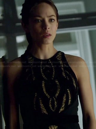 Cat’s black patterned lace dress on Beauty and the Beast