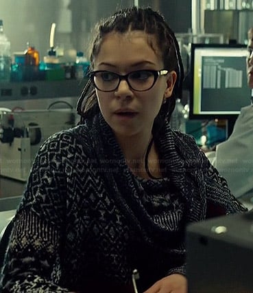 Cosima’s mixed pattern cowl neck sweater on Orphan Black
