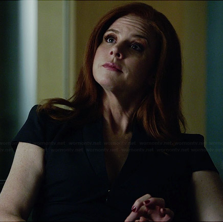 Donna’s black cap sleeve zip-front dress on Suits