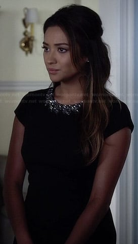 Emily’s black embellished playsuit on Pretty Little Liars