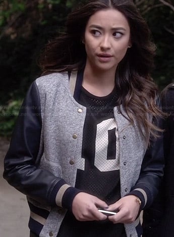 Emily’s grey and blue leather-sleeved varsity jacket and “10” top on Pretty Little Liars