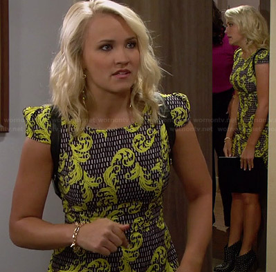 Gabi’s yellow and black patterned cap-sleeve dress and studded ankle boots on Young and Hungry