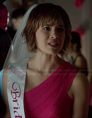 Heather’s pink one-shoulder dress on Beauty and the Beast
