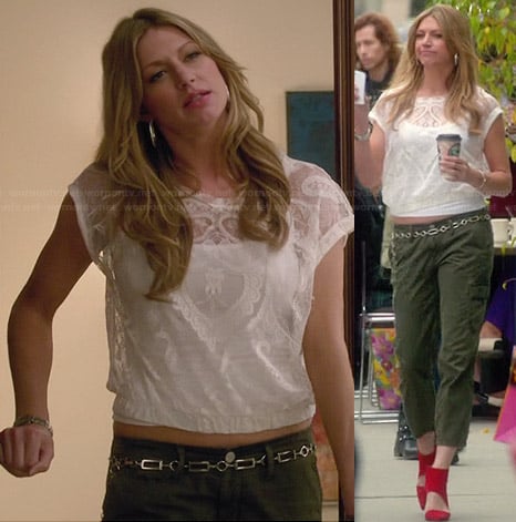 Josslyn’s sheer lace top, green cargo pants and red cutaway ankle boots on Mistresses