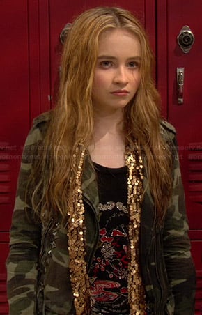 Maya’s studded camo jacket and gold sequin scarf on Girl Meets World