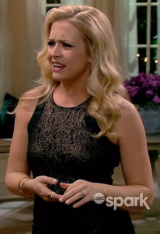 Mel’s black and gold lace dress on Melissa and Joey