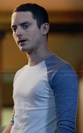 Ryan’s white, blue and red baseball tee on Wilfred