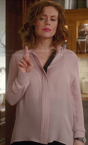 Savi’s pink blouse with black trim on Mistresses