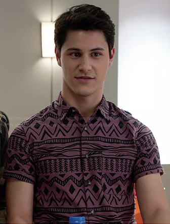 Shane’s purple aztec printed shirt on Faking It