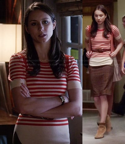 Spencer’s red and beige striped top and checked skirt on Pretty Little Liars