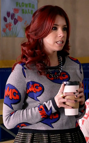 Tamara’s “OMG” sweater and metallic striped skirt on Awkward