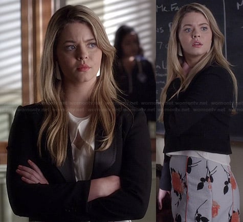 Ali’s grey and orange floral skirt and white crossover front top on Pretty Little Liars