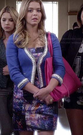 Ali’s abstract patterned dress, blue bead trimmed jacket and pink bag on Pretty Little Liars
