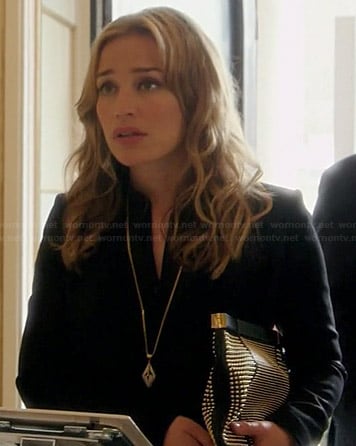 Annie’s black studded clutch and long pendant necklace on Covert Affairs