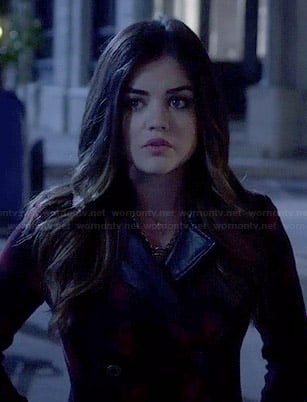 Aria’s red plaid coat on Pretty Little Liars