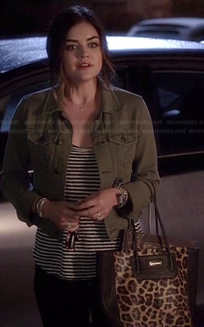 Aria’s green denim jacket and leopard print bag on Pretty Little Liars