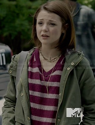 Carter’s purple striped sweater with lace sleeves and green hooded jacket on Finding Carter