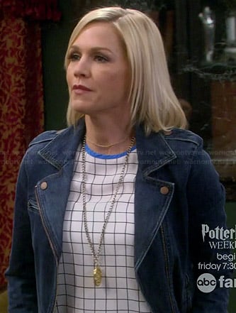Charlie’s checked print top and denim moto jacket on Mystery Girls