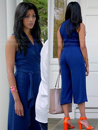 Divya’s blue cropped jumpsuit and orange sandals on Royal Pains
