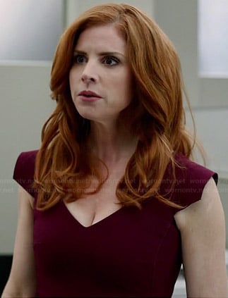 Donna’s burgundy v-neck cap sleeve dress on Suits