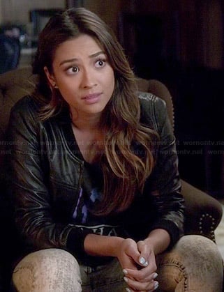 Emily’s black perforated leather bomber jacket on Pretty Little Liars