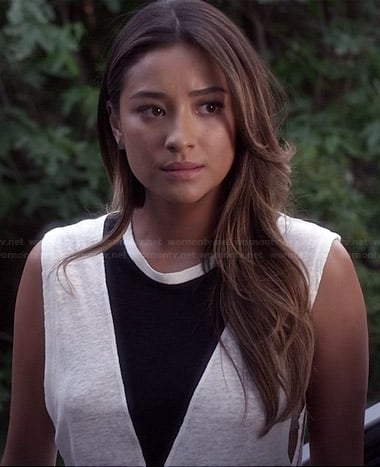 Emily’s white tank top with black triangle on Pretty Little Liars