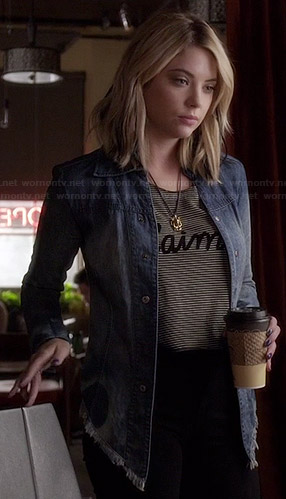 Hanna’s striped “J’aime” top and denim jacket on Pretty Little Liars