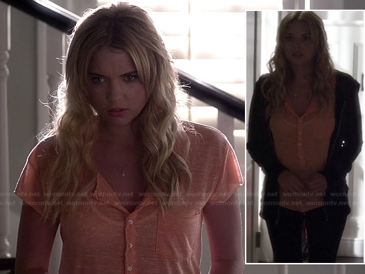 Hanna's peach henley tee and grey hoodie