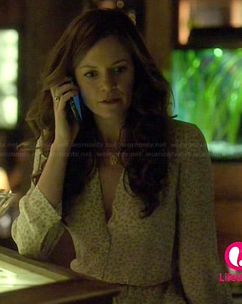 Ingrid’s white leopard print shirtdress and tree necklace on Witches of East End