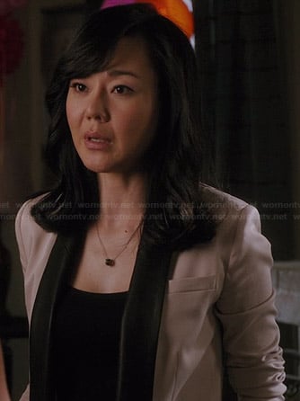 Karen’s beige blazer with black leather lapel on Mistresses