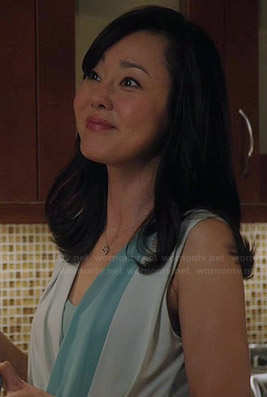 Karen’s blue two-tone draped top on Mistresses