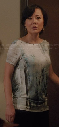 Karen’s abstract printed top with draped open back on Mistresses