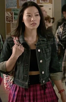 Kira’s pink plaid mini skirt and denim jacket on Teen Wolf