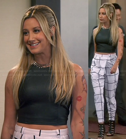 Logan’s (Ashley Tisdale) white checked trousers and leather crop top on Young and Hungry