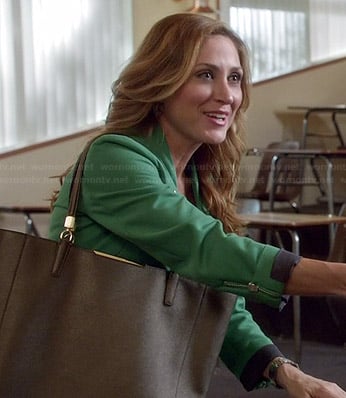 Maura’s green jacket and bronze tote on Rizzoli and Isles