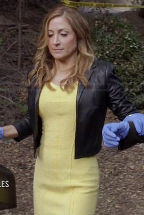 Maura’s yellow dress and cropped leather jacket on Rizzoli and Isles